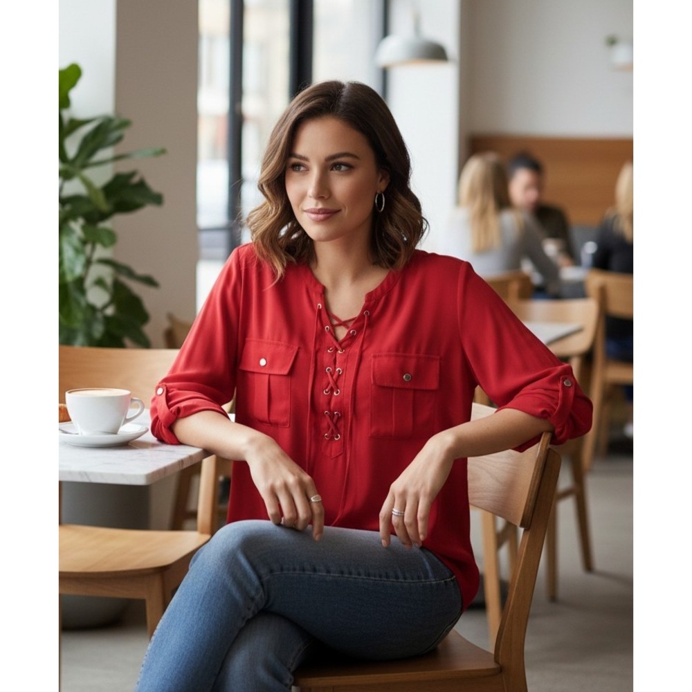 Nygard 1X Top Women's Red Lace Up LS‎ Utility Boho Chic Career Minimalist Urban